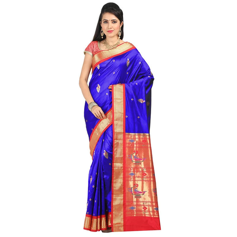 Paithani Pure Silk Royal Blue and Red Border Meena Butta Saree with Silk Mark