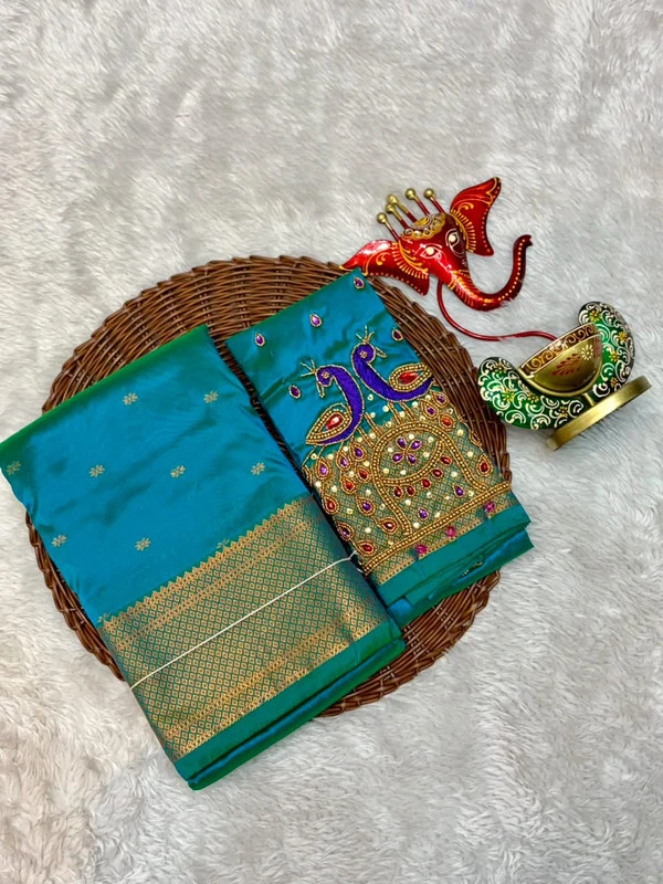 Heritage Rama Blue Self Semi Silk Paithani Saree with Peacock Embroidery Designer Blouse