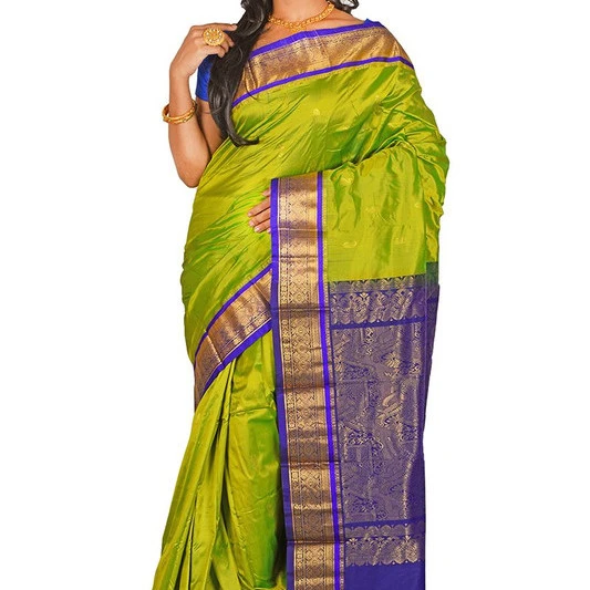 Traditional Kanchipuram Pure Silk Saree in Parrot Green with Violet Contrast 