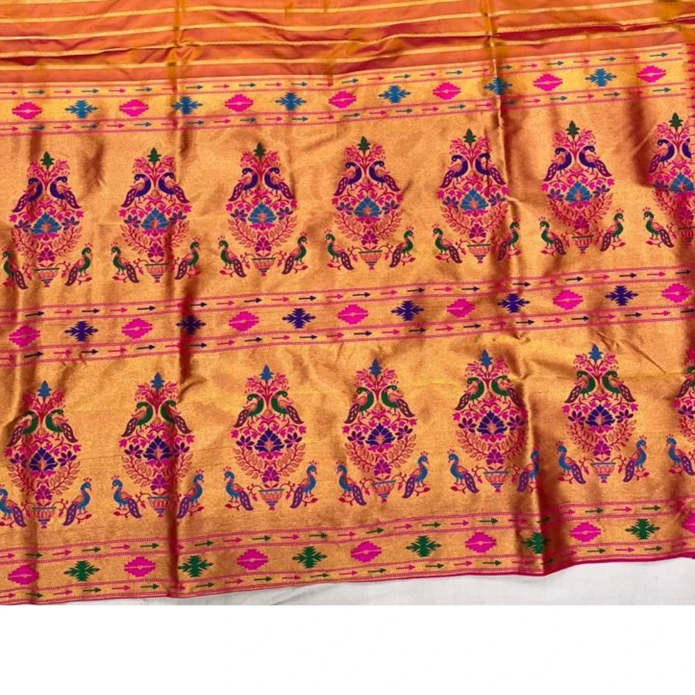 Rani Pink with Yellow Border Semi Silk Paithani Saree with Peacock Embroidery Blouse