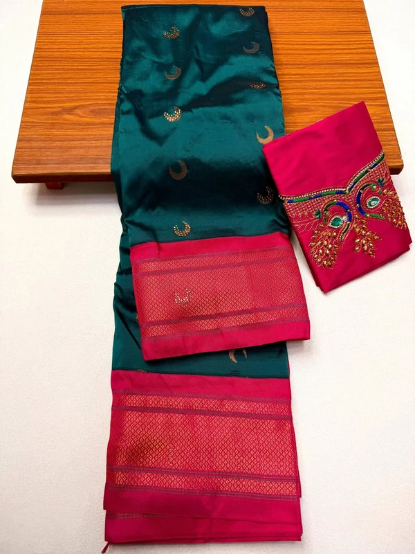 Dark Teal & Pink Semi Silk Paithani saree with peacock embroidery blouse and traditional border