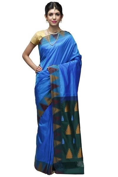 Sky Blue and Green Temple Border Kadiyal Variety Pure Bangalore Silk Saree