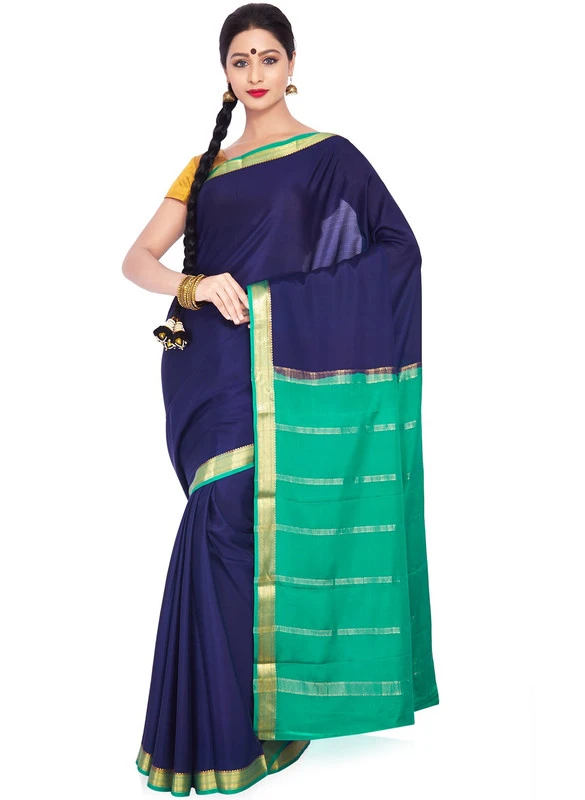 Royal Blue with Green Contrast Pure Mysore Silk Handwoven saree