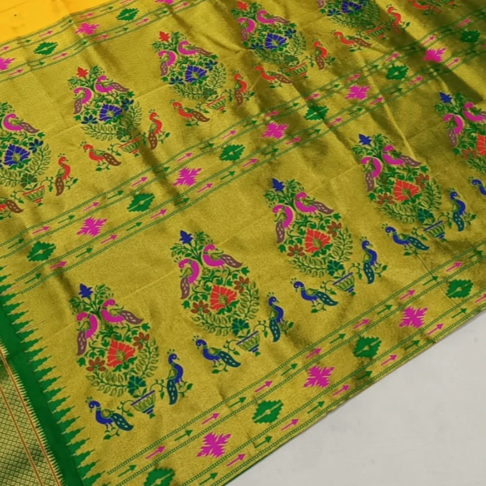 Red with Green Border Paithani Pure Silk Saree with Meena Butta weaving and traditional zari border