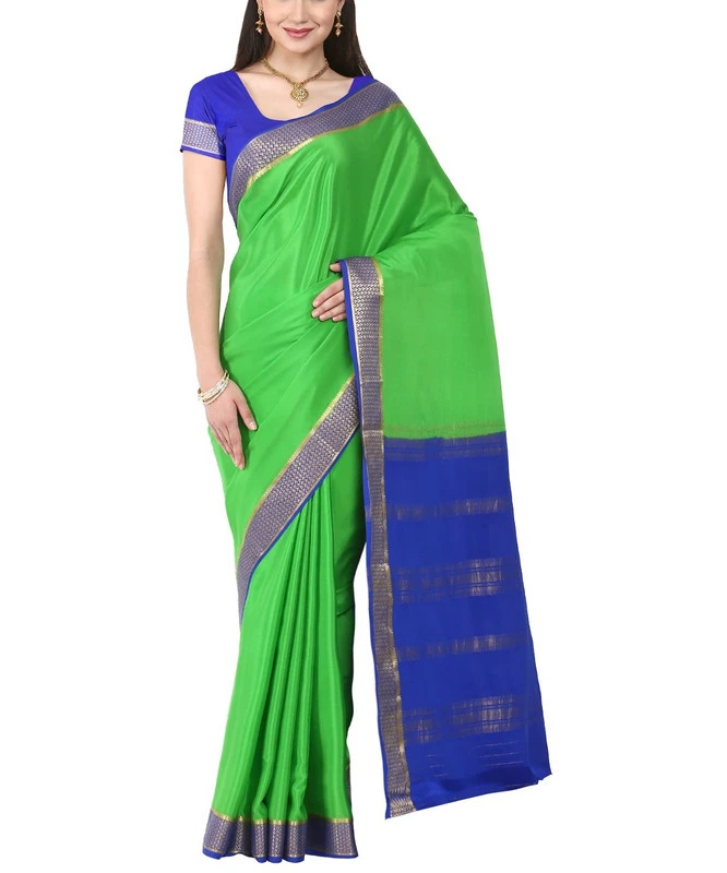 Parrot Green with Royal Blue Contrast  Superior Quality Pure Mysore Silk Saree