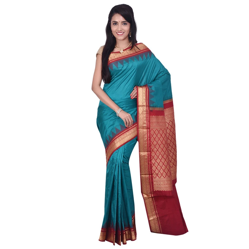 Rama Green with Red Kadiyal Variety Handowen Pure Bangalore Silk  Saree