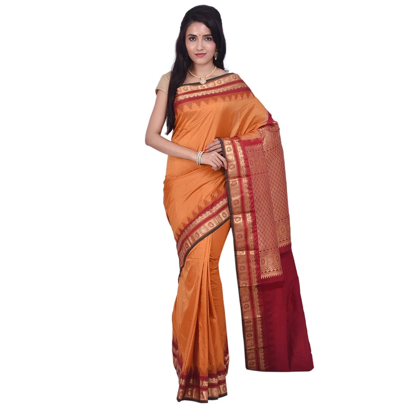 Mustard Orange with Red Kadiyal Variety Handowen Pure Bangalore Silk  Saree