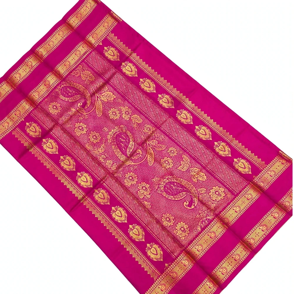 Lime green silk saree with magenta Bentex border and woven gold paisley motifs.