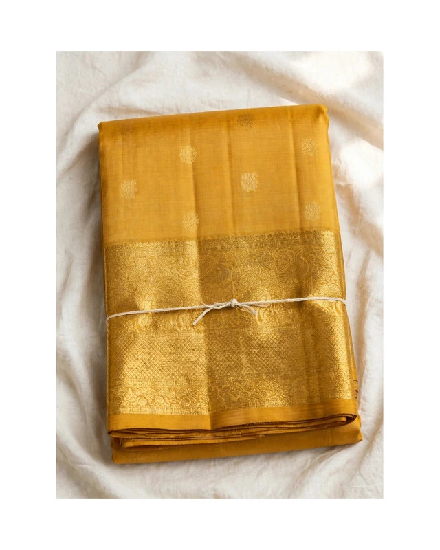 Mustard Yellow with Antique Gold Kanchipuram Pure Silk Handloom Saree Silk Mark with Blouse - FabFashionz