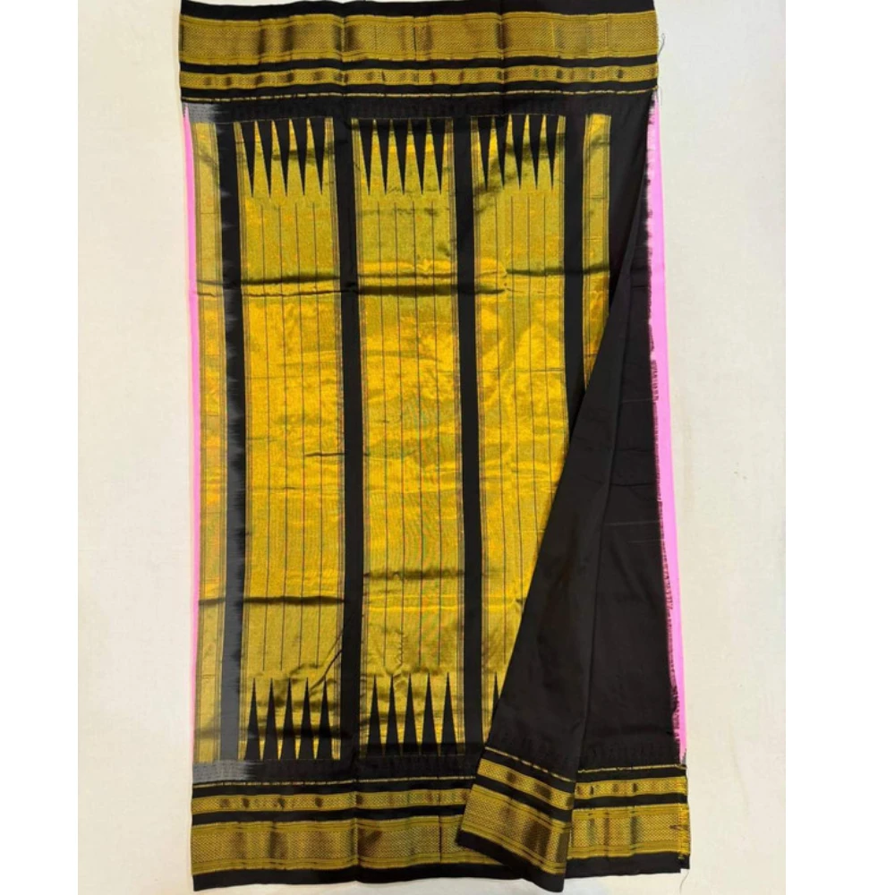 Lime Green pure Ilkaal Butta saree with Black zari contrast border and traditional gold motifs