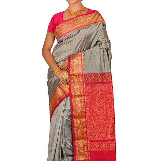 Grey with Rani Pink Contrast Traditional Kanchipuram Pure Silk Saree