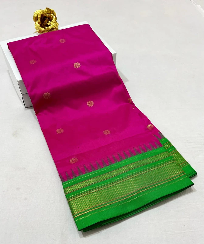 Hot Pink pure Ilkaal Butta saree with Green zari contrast border and traditional gold motifs