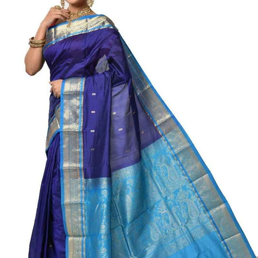 Royal Blue and Ananda Blue Contrast Traditional Kanchipuram Pure Silk Saree