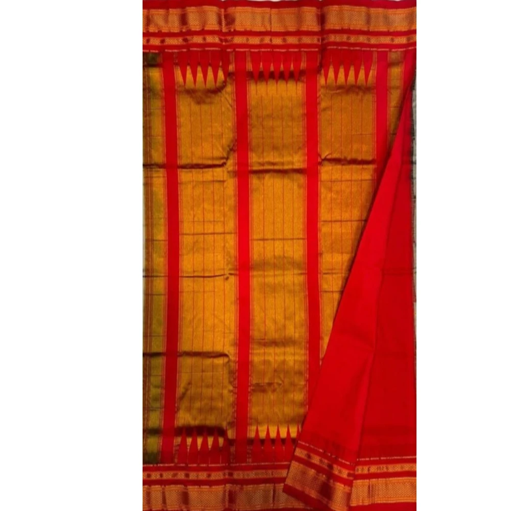 Beige Gold pure Ilkaal Butta saree with Pink zari contrast border and traditional gold motifs