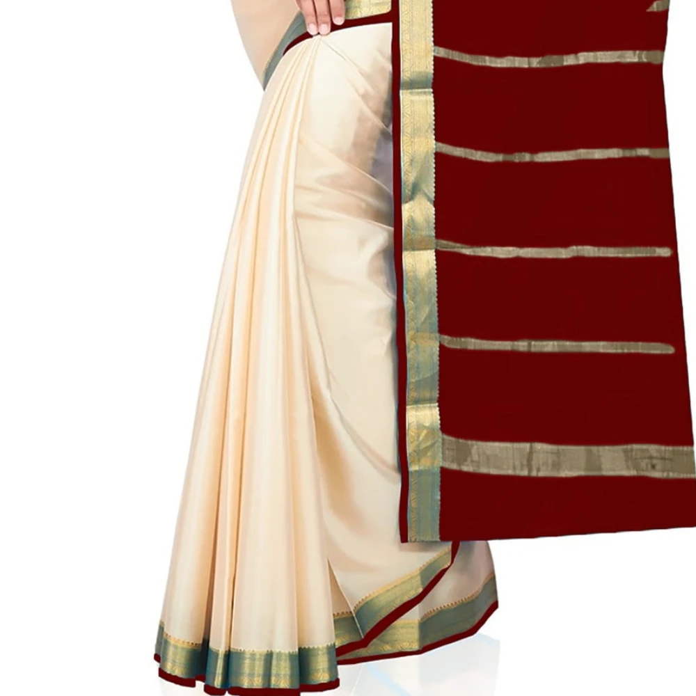 Tussar Cream with Marron  Contrast Onam Special Pure Mysore Silk Handwoven saree