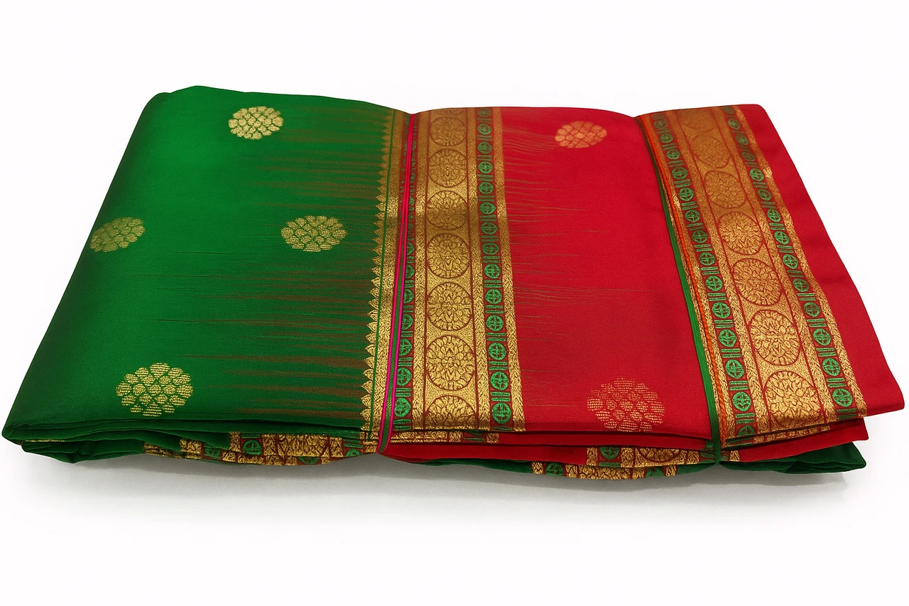 Green and Red Multicolor Contrast Kanchipuram Exclusive Pure Silk Saree with Bentex Border & Diamond Butta