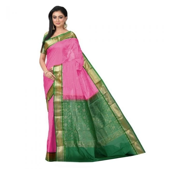 Baby Pink and Green Traditional Kanchipuram Pure Silk Saree