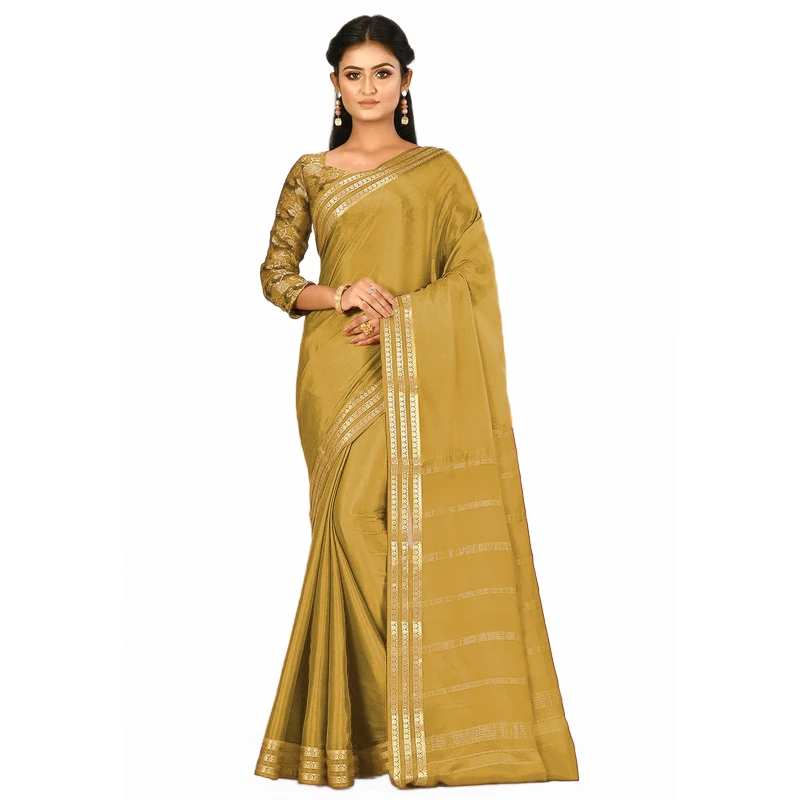 Mastard Self Coloured Three Lines Border Pure Mysore Silk Saree with silk Mark