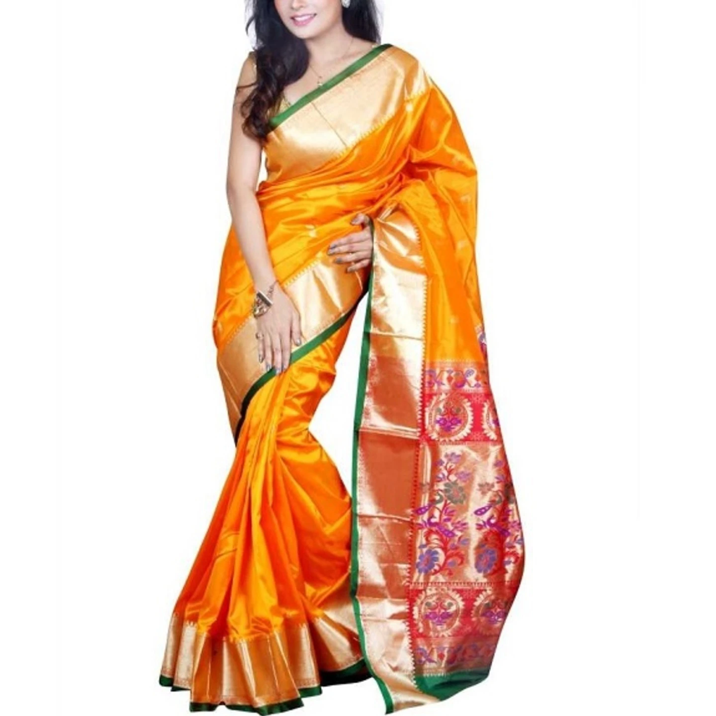 Orange and Green Border Woven Paithani Art Silk Saree