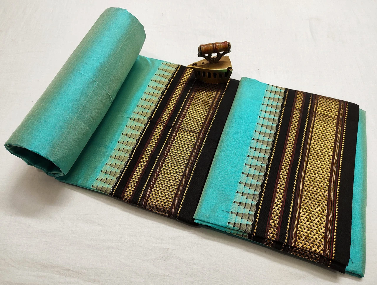Sky Blue Ilkaal plain pure saree with black contrast zari border traditional handloom design