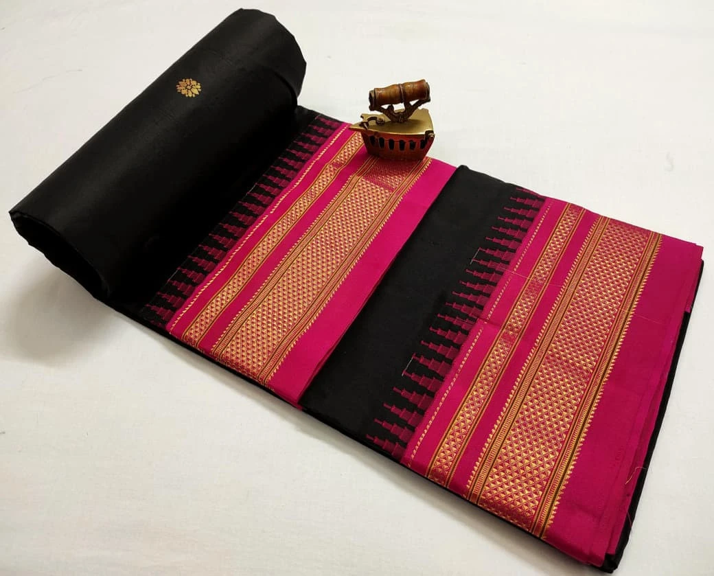 Black Pink Ilkaal Butta pure silk saree with zari border and traditional weaving
