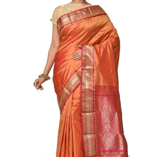 Golden Orange and Red Contrast Traditional Kanchipuram Pure Silk Saree