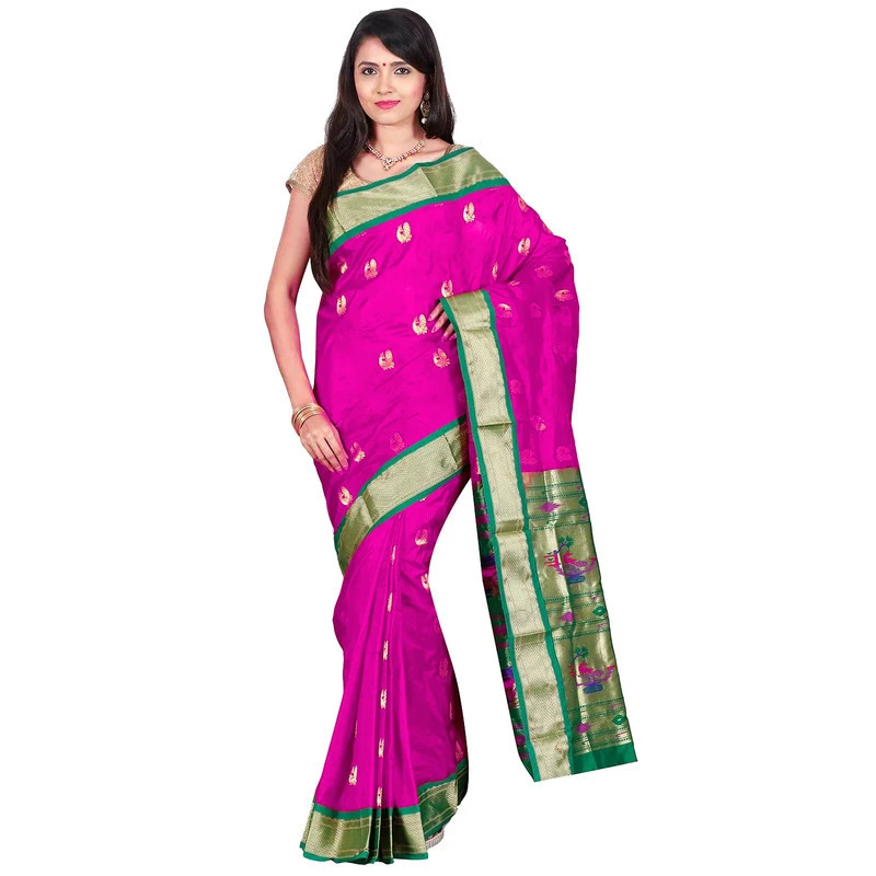 Handwoven Paithani Pure Silk Pink and Green Border Saree with Silk Mark