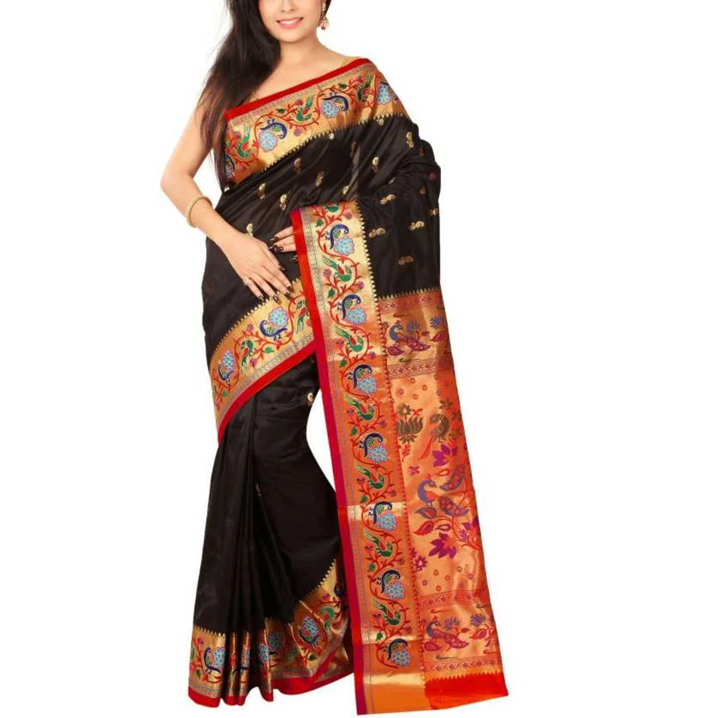 Black and Red Latest Fancy Embroidery Border Paithani Art Silk Saree