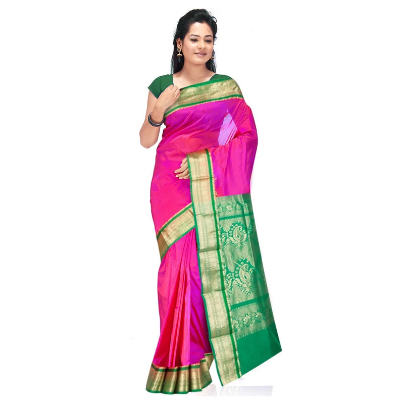 Traditional Kanchipuram Pure Silk Saree in Rani Pink with Green Contrast