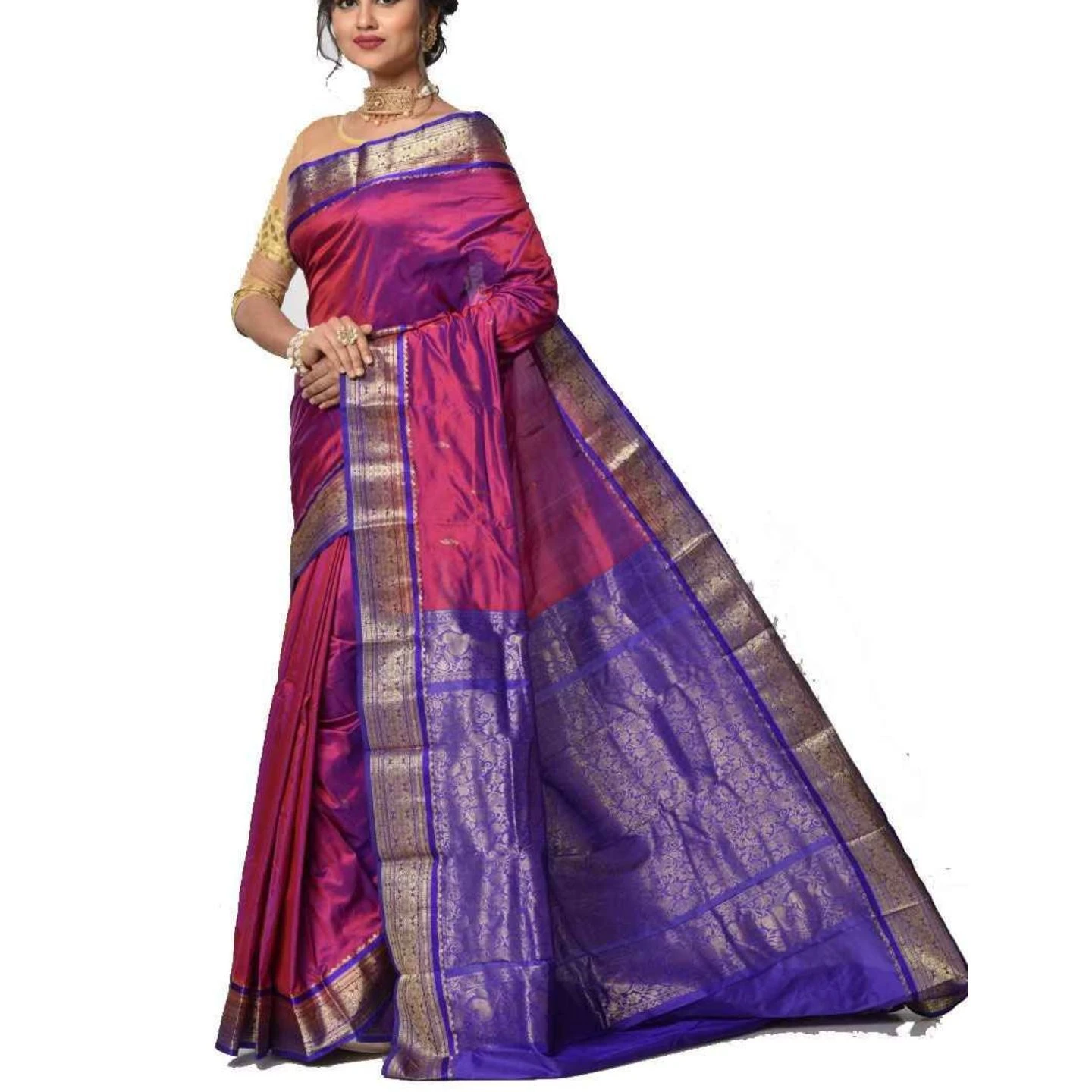 Magenta and Violet Contrast Traditional Kanchipuram Pure Silk Saree