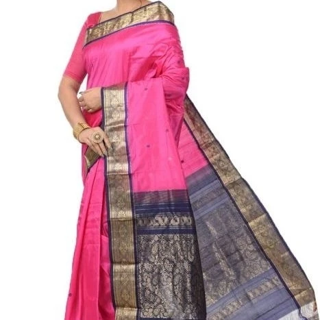 Pink and Violet Contrast Traditional Kanchipuram Pure Silk Saree
