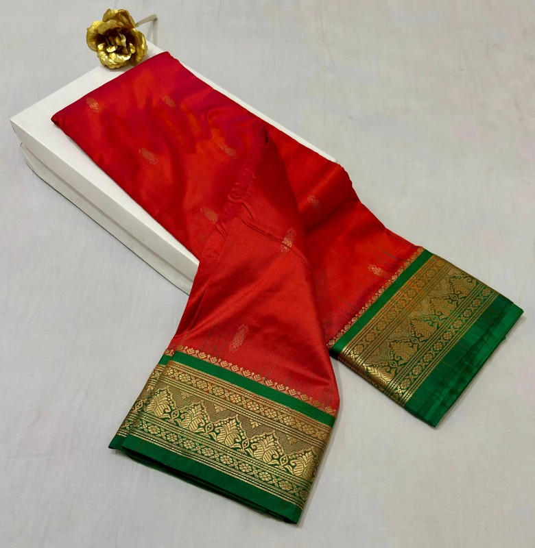 Red and Green Contrast traditional silk saree with zari border for wedding and festive wear