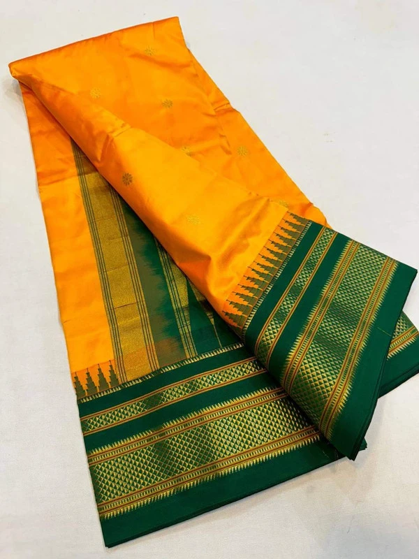 Golden Orange and Green Border - Traditional Handwoven Ilkaal Butta Saree