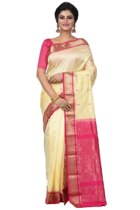 Kanchipuram Pure Silk Saree in Cream with Rani Pink Contrast for Durga Pooja