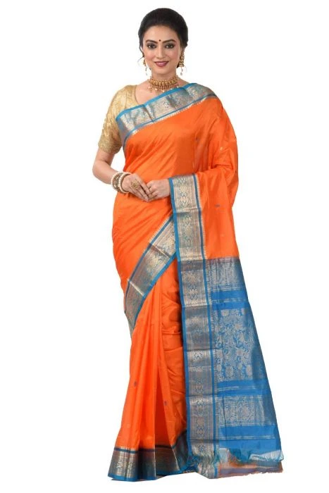 Nine Yards Kanchipuram Pure Silk Saree in Bright Orange with Anandha Blue Contrast
