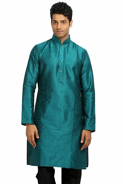 Rama Green Dupion Silk Mens Kurtha with White Pajama