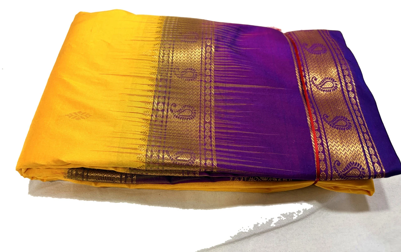 Exclusive Kanchipuram Pure Silk Saree with Pure Silk Blouse - Yellow & Purple