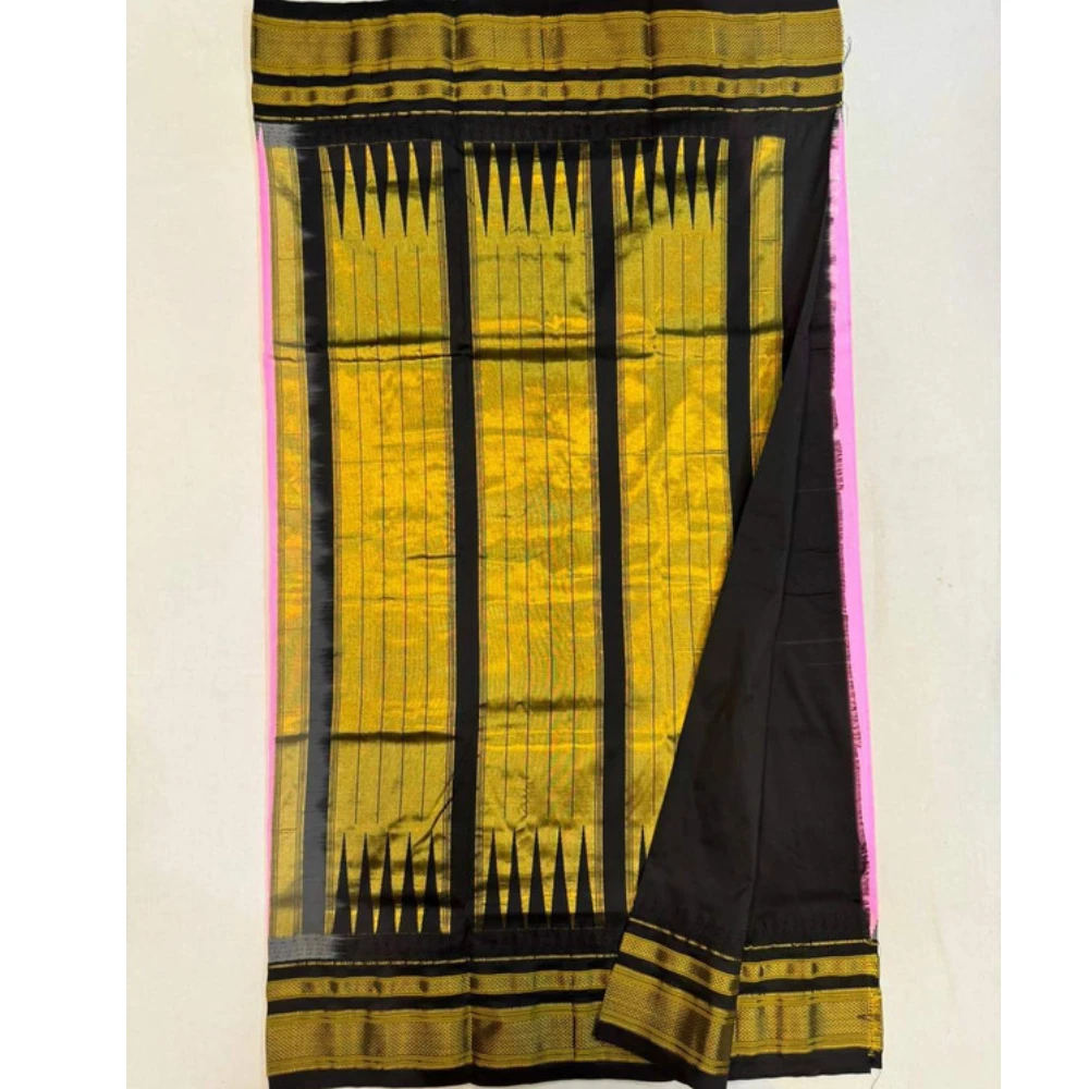 Pink Ilkaal plain pure saree with Black zari border and traditional woven design