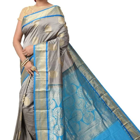 Grey and Ananda Blue Contrast Traditional Kanchipuram Pure Silk Saree