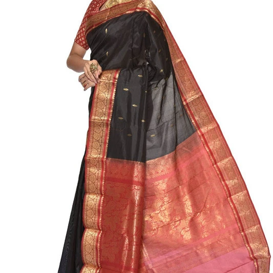 Traditional Kanchipuram Pure Silk Saree in Black with Red Pink Contrast 