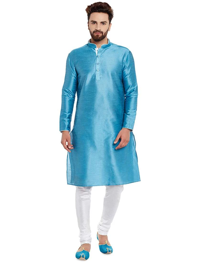 Sky Blue Dupion Silk Mens Kurtha with White Pajama