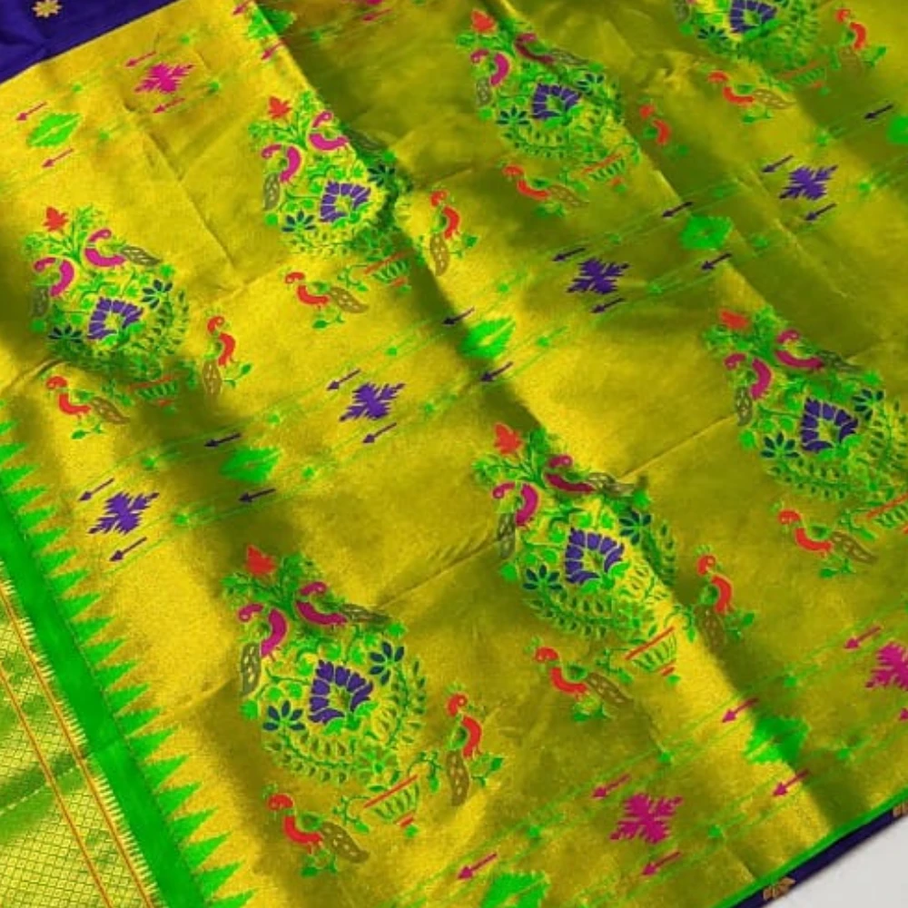 Royal Blue with Green Border Paithani Pure Silk Saree with Meena Butta weaving and traditional zari border