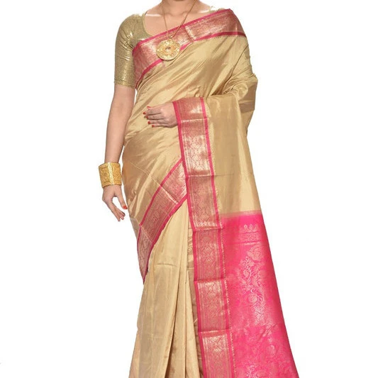 Traditional Kanchipuram Pure Silk Saree in Chikku with Rani Pink Contrast