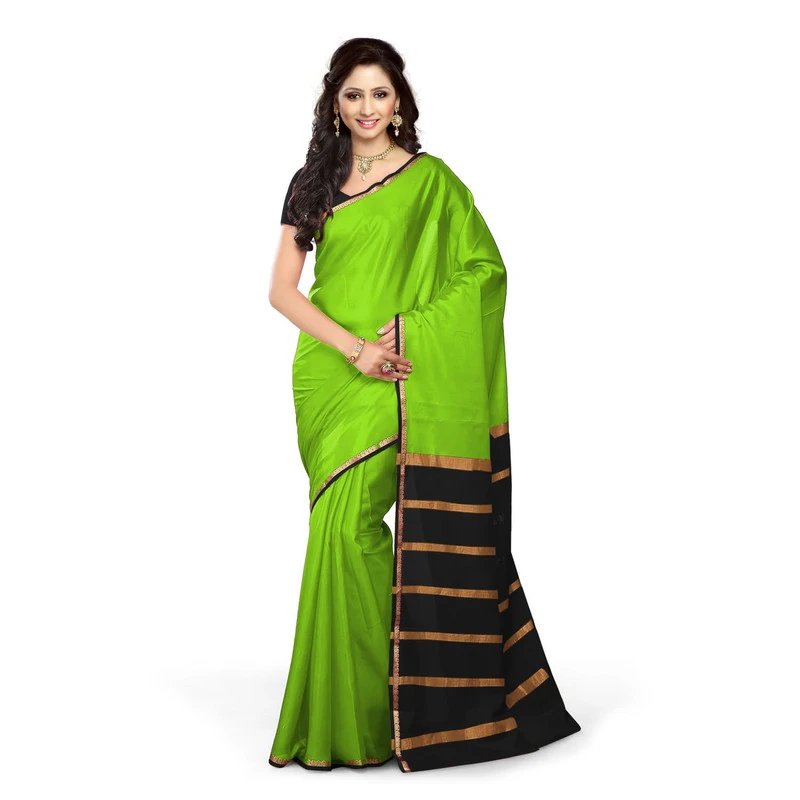 Pure Mysore Silk Saree in Parrot Green and Black Contrast Mango Border