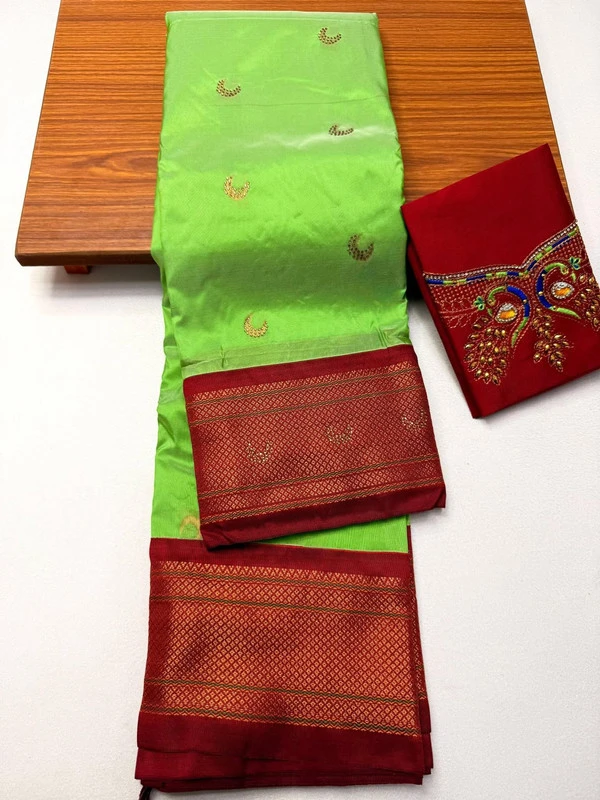 Pista Green wth Rani Border Semi Silk Paithani Saree with Peacock Embroidery Blouse
