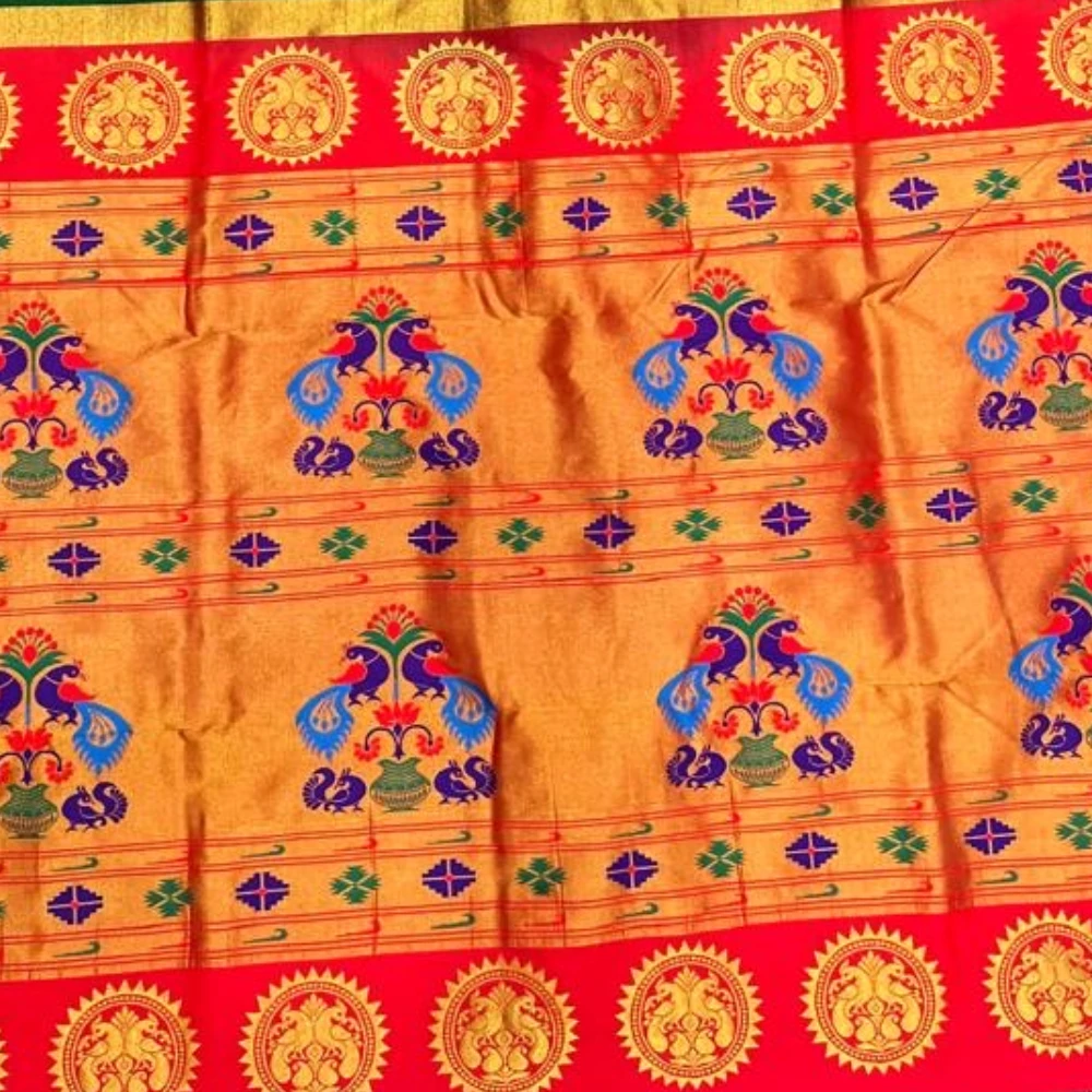 Green Semi Silk Paithani Saree with Peacock Embroidery Blouse