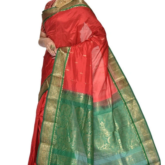 Traditional Kanchipuram Pure Silk Saree in Red with Green Pink Contrast 