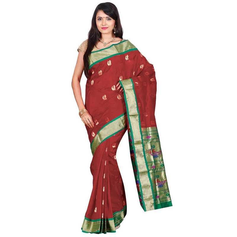 Handwoven Paithani Pure Silk Marron and Green Border Saree with Silk Mark