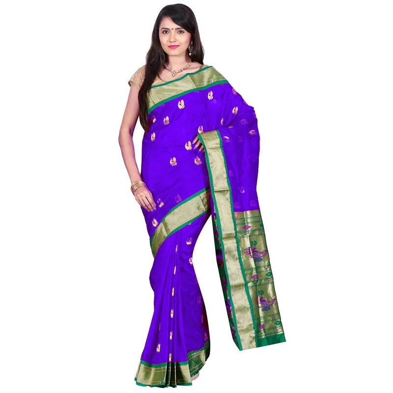 Handwoven Paithani Pure Silk Violet and Green Border Saree with Silk Mark
