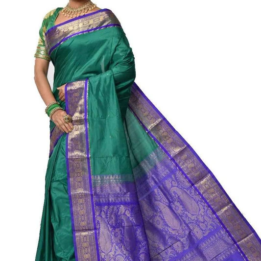 Green and Violet Contrast Traditional Kanchipuram Pure Silk Saree